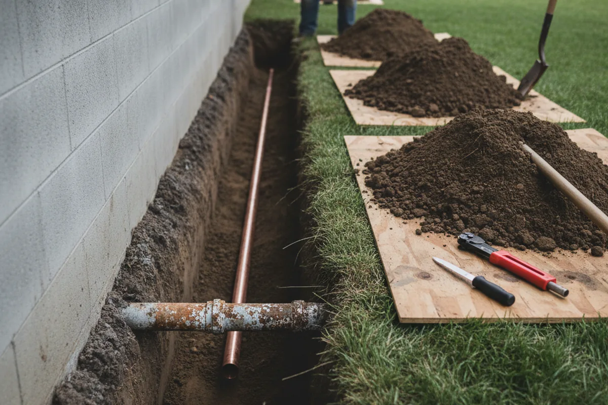 Excavated water line trench during Sewer Line Repair in Oakhurst